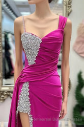 Asymmetrical Magenta Beaded Long Semi Formal Prom Dress with Attached Train